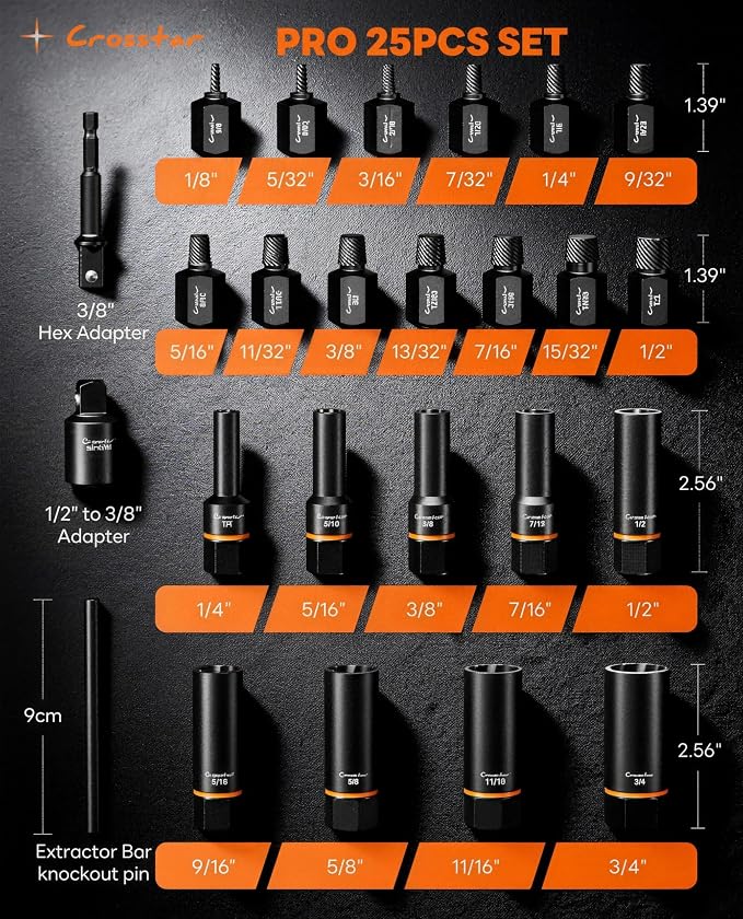 Crosstar 25PCS Bolt Extractor Kit, 3/8" Drive Screw & Nut Remover Set, Deep Socket for Stripped, Rusted, Broken Bolts, Includes Adapter, Extension Bar, Knockout Pin