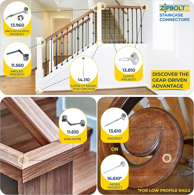 Zipbolt 14.110 Super UT Newel Post Fastener — Quick and Easy Wrench-Free Installation of Staircase Newel Posts, Anchors Post Directly to Wood or Concrete Floor