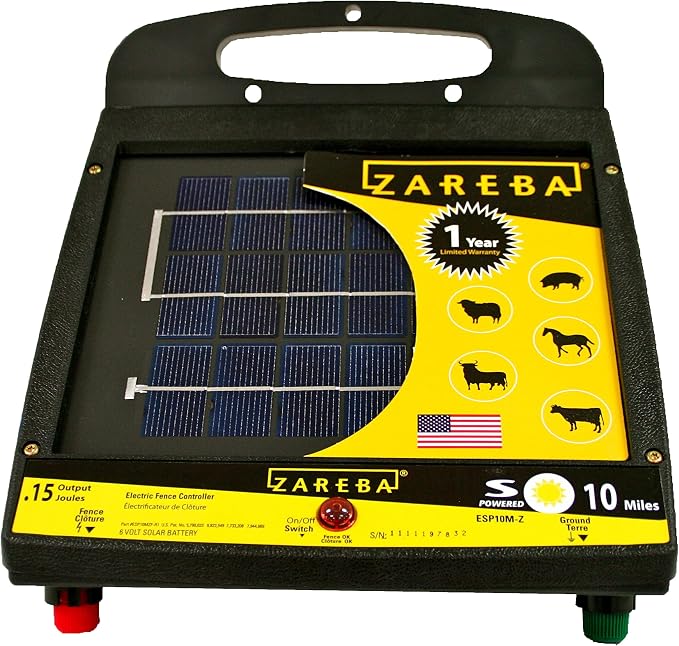 Zareba Solar Powered Electric Fence Charger - 10 Mile Low Impedance Fence Energizer for Cattle, Horses, Goats, & Livestock, 0.15 Output Joules, Built-in Mounting Bracket for Posts, ESP10M-Z