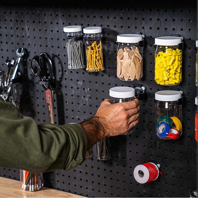 Pegboard Containers, Wall Organizer System, 16oz Clear Plastic Jar with Lid, 2-Pack, Secure and Modular for Home, Office, Craft, Garage, Storage and Organization.