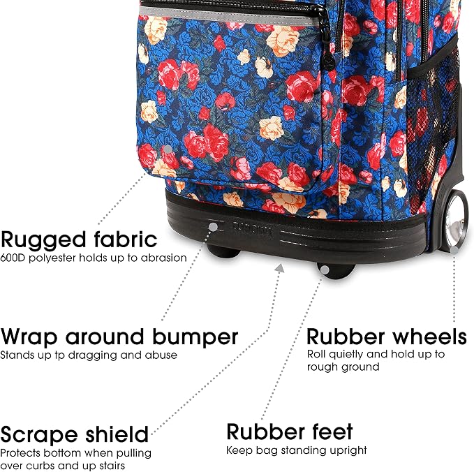 J World Sundance Laptop Rolling Backpack for Girls Boys. Roller Bookbag with Wheels, 20 Inch, Vintage Rose