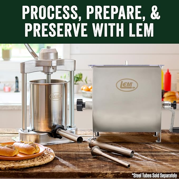 LEM Products MightyBite Vertical Stainless Steel 5 Pound Capacity Sausage Stuffer with Plastic Stuffing Tubes and 20 Pound Manual Meat Mixer Set