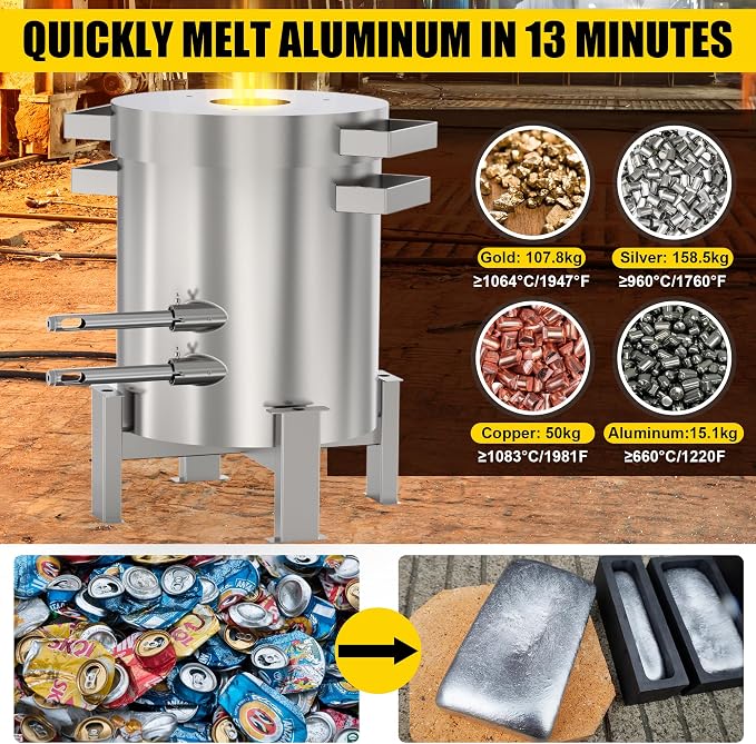 Nelyrho 50kg Propane Melting Furnace Kit - Full Stainless Steel Foundry with Crucible 50kg, Support Stand, and Tongs - Ideal for Melting Recycling Aluminum, Gold, Silver, and Copper Scrap