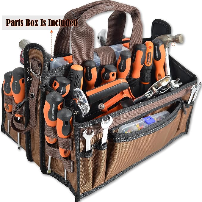 WELKINLAND 20-Pockets Tool Tote Bag, 16" Electrician Tool Bag, Open-Top Tool Bag, Stay-Up HVAC Tools Bag, Brown Tech Tools Bags, HVAC Bag, Tool Tote Bag With Handle