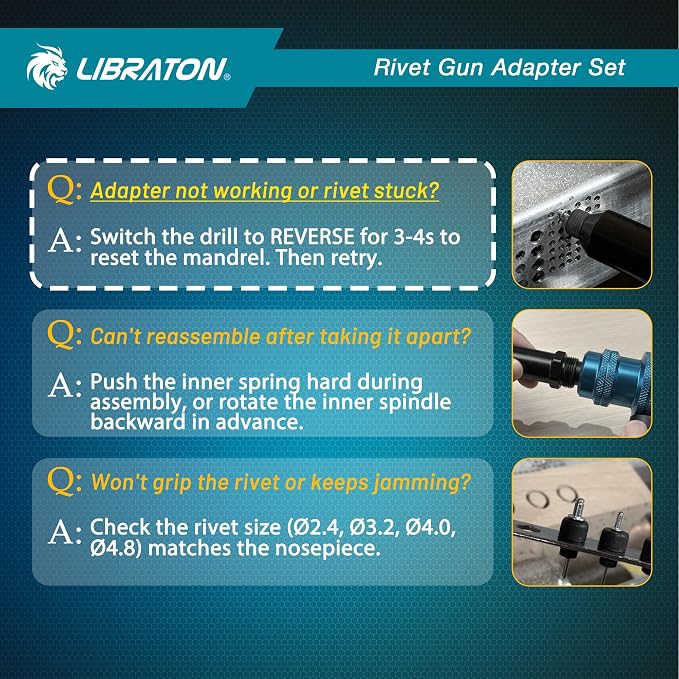 Libraton Rivet Gun Adapter, Rivet Gun Adapter for Electric Drill, Rivet Drill Attachment, for Cordless Electric Power Drill, with Handle, Easy processing for Pop Rivets, 3/32" 1/8" 5/32" 3/16"