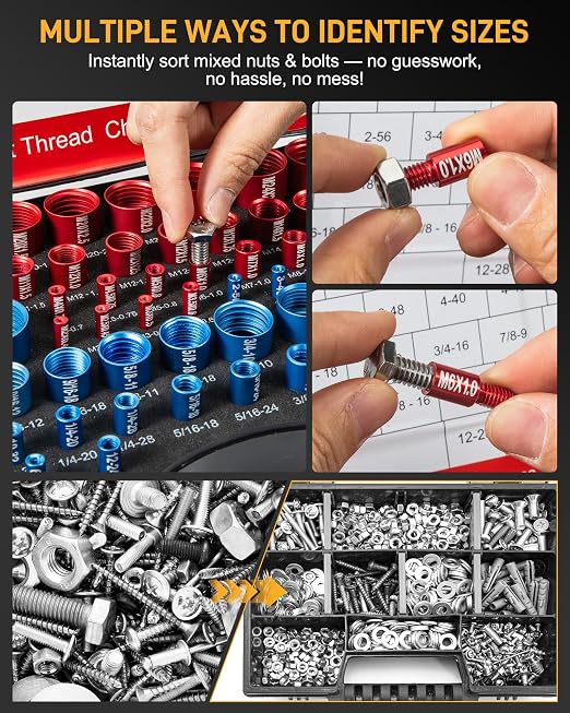 66-Piece Nut and Bolt Thread Checker Kit | 34 SAE (Blue) + 32 Metric (Red) Thread Gauges - Precision Bolt Size Finder for Tight Spaces, DIY & Professional Repairs