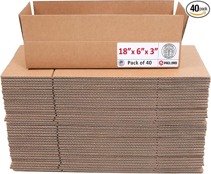 Flat Cardboard Boxes 18"L x 6"W x 3"H (Pack of 40) - USA-Made Packing Boxes for Moving, Shipping, or Storage - USPS, UPS, FedEx Approved - Professional Packing Supplies for Moving | USA-Made Packing Boxes for Moving, Shipping, or Storage - USPS, UPS, F...