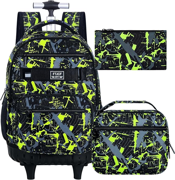 3Pcs Rolling Backpack for Boys Men, Travel Roller Backpacks with Wheels for Adults, Teens College Graffiti Wheeled Bookbag with Lunch Box(Green)