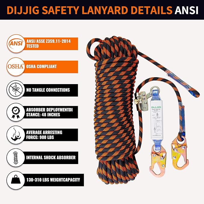DIJJIG Rope Harness Safety Lanyard 25ft Vertical Roofing Rope With Grab Snap Hooks Shock Absorber Fall Protection Tree Climbing Line Kit Heavy Duty Roof Safety Equipment ANSI CE
