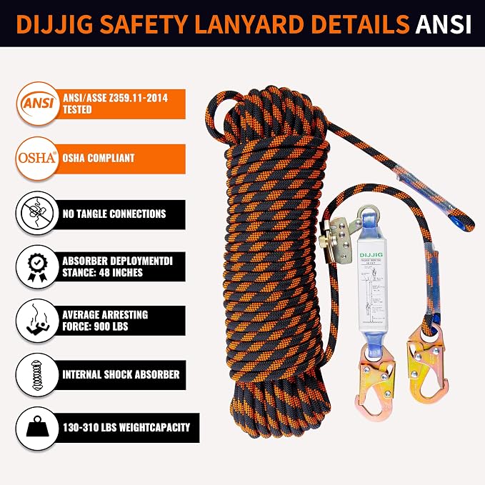 DIJJIG Rope Harness Safety Lanyard 150ft Vertical Roofing Rope With Grab Snap Hooks Shock Absorber Fall Protection Tree Climbing Line Kit Heavy Duty Roof Safety Equipment ANSI CE