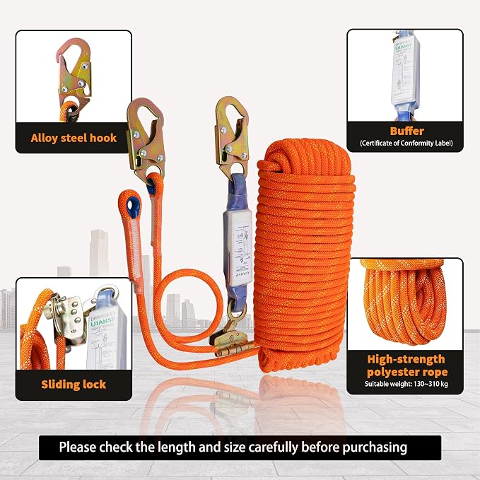 Fall Protection Safety Rope 50ft Heavy Duty Vertical Roofing Grab Snap Hook Shock Absorber Fall Protection Line Kit Restraint System Roofing Safety Equipment (50FT)