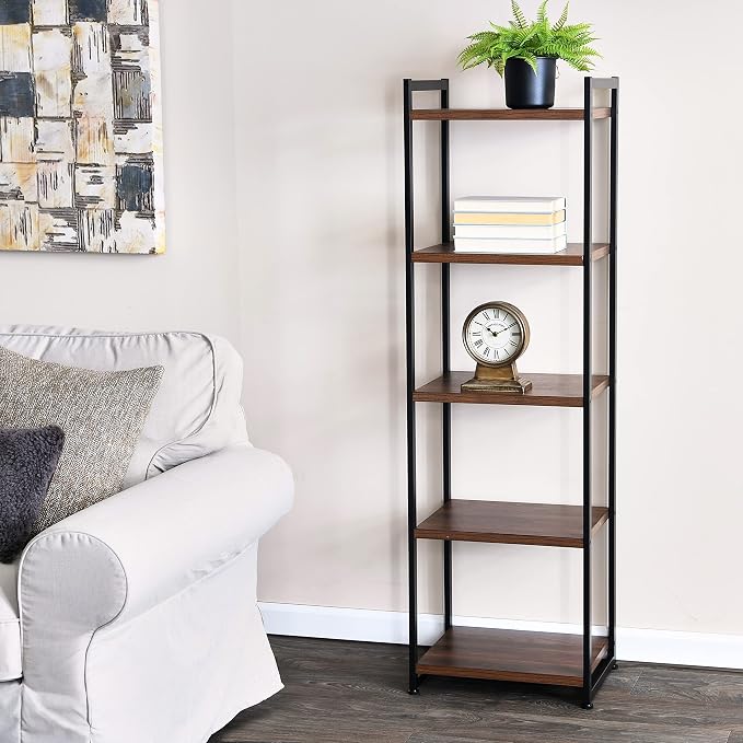 Household Essentials Narrow 5‑Shelf Open Storage Bookshelf, Mid‑Century Walnut Wood Grain with Black Metal Frame