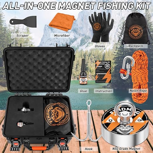 FINDMAG 2000 lbs Neodymium Magnets Kit, 3.7" Diameter Fishing Magnet for Retrieving Items in River, Lake, Magnet Fishing Kit Heavy Duty with Hole