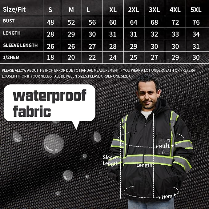 sesafety Reflective Jacket for Men, High Visibility Jackets, Safety Jackets for Men, Hi Vis Construction Bomber Jackets Waterproof with Pockets and Zipper, Black Bottom, Class 3