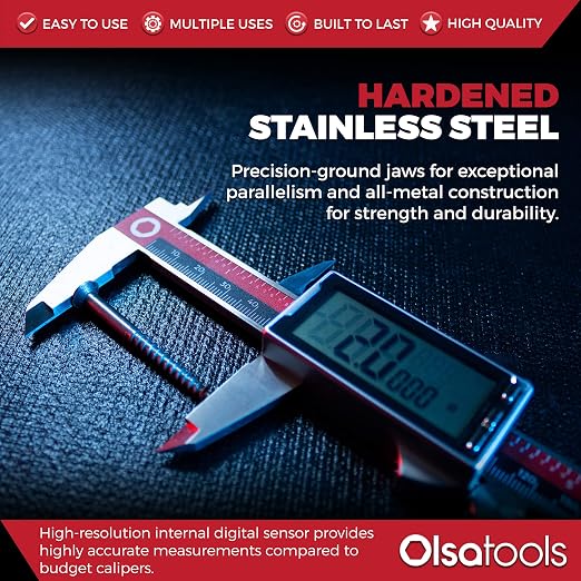Olsa Tools Digital Caliper Measuring Tool - Inches, Fractional Inches, & Millimeters - 0-6 Inches - Stainless Steel Digital Calipers Measuring Tool - Large Easy-to-Read Display - Part: 1867