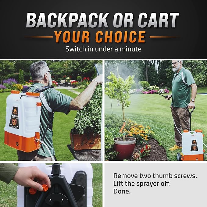 PetraTools Battery Powered Backpack Sprayer 4 Gallon - 8 Hours Long Battery Life & Padded Straps for Comfort - HD4000 Electric Backpack Garden Sprayer with 9 Spray Nozzles (HD4000 ProSeries with Cart)