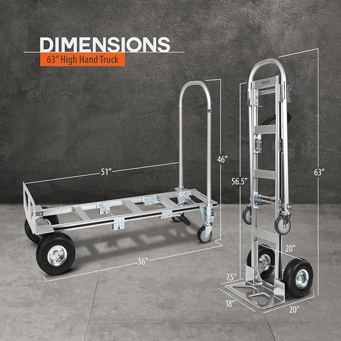 Vergo Industrial Convertible Hand Truck - AS7B Heavy Duty Aluminum 2 in 1 Dolly (800 lb Capacity) Lightweight Reinforced Frame, Ergonomic Handle, Superior Mobility Moving Dolly (2 Positions, 63" High)