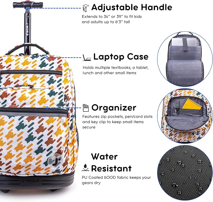J World Sundance Laptop Rolling Backpack for Girls Boys. Roller Bookbag with Wheels, 20 Inch, Vivid Tweed