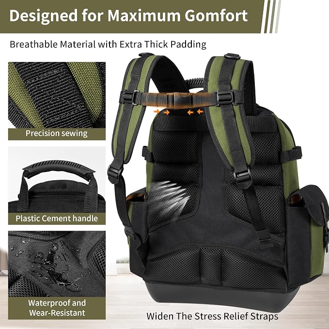 BLISSWILL Tool Bag Backpack for men,Heavy Duty Tool Backpack Bag with Waterproof Molded Base，62 Pockets/40 Loops Heavy Duty Tools Organizer Bags/Electrician/Industrial/Construction Work Backpack