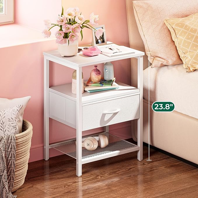 Huuger Nightstand Set of 2, Night Stand with Fabric Drawer, Mesh Shelf, Side Table with Storage, Fabric Drawer Dresser, Open Shelf, Metal Frame, Bedroom, White