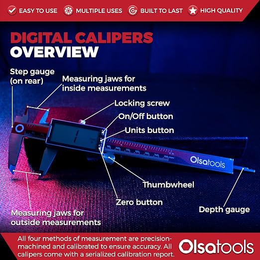 Olsa Tools Digital Caliper Measuring Tool - Inches, Fractional Inches, & Millimeters - 0-6 Inches - Stainless Steel Digital Calipers Measuring Tool - Large Easy-to-Read Display - Part: 1867