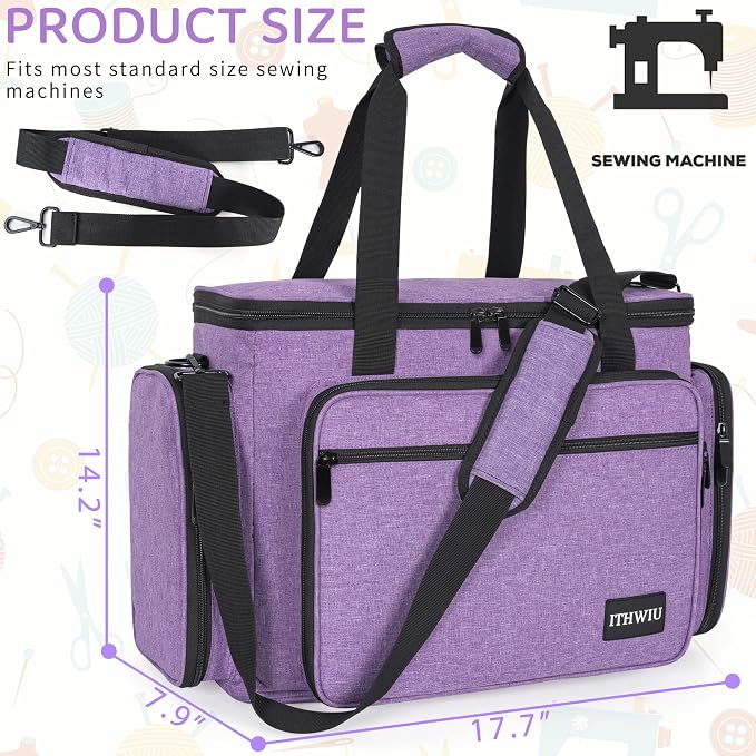 Sewing Machine Case with Wheels, Universal Rolling Trolley Tote with Shoulder Strap & Multiple Storage Pockets Compatible with Most Standard Singer, Brother, Janome,Purple