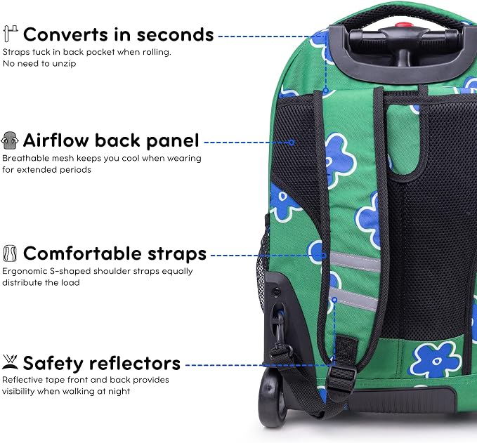 J World Sundance Laptop Rolling Backpack for Girls Boys. Roller Bookbag with Wheels, 20 Inch, Picnic