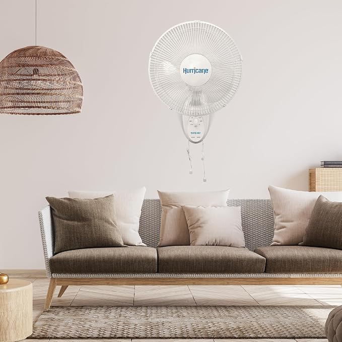 Hurricane 16" Supreme Oscillating Wall Mount Fan w/ 3 Quiet Speeds, White - Corded Electric Air Cooling Unit w/ Easy Pull Cord Controls for Homes, Greenhouses, Garages, Workshops & Gyms
