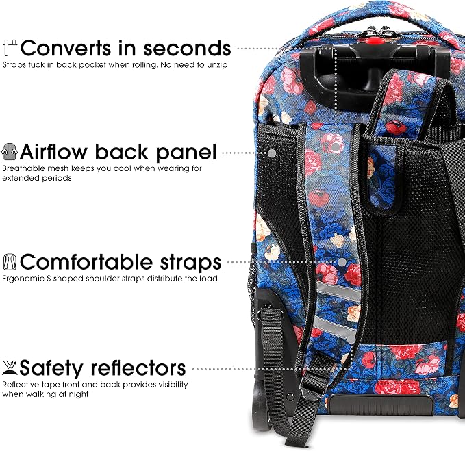 J World Sundance Laptop Rolling Backpack for Girls Boys. Roller Bookbag with Wheels, 20 Inch, Vintage Rose