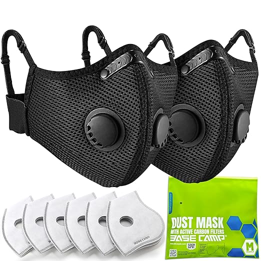 BASE CAMP Upgrade M Plus Dust Mask 2 Pack, Breathable Reusable Dust Face Mask with 6 Activated Carbon Filters for Woodworking Construction Mowing Grinding