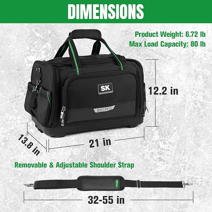 SK 21-Inch Heavy Duty Tool Bag, 1680D Fabric with Waterproof Hard Base, Dual Zipper, Padded Shoulder Strap & Touch Fastener Handle, Tool Storage with 50 Pockets, 40 Webbing Loops