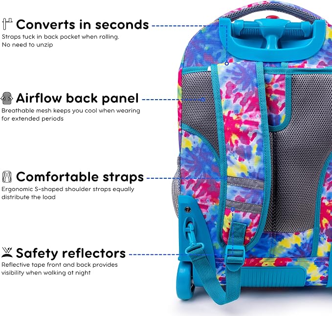 J World Sundance Laptop Rolling Backpack for Girls Boys. Roller Bookbag with Wheels, 20 Inch, Tie Dye