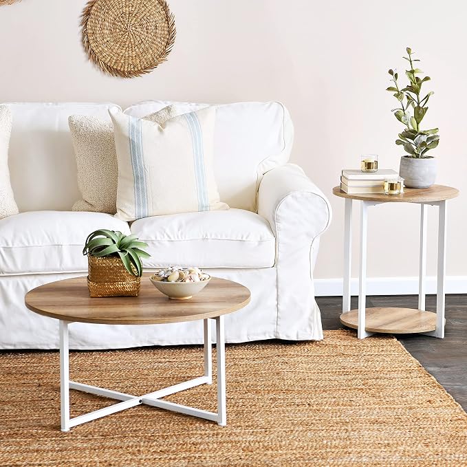 Household Essentials Jamestown Round Side End Table with Storage Shelf Coastal Oak Rustic Wood Grain and White Metal