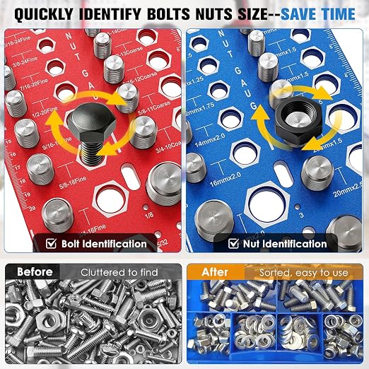 82 Nut and Bolt Thread Checker Standard and Metric, Thread Gauge SAE and Metric with 31 Standard & 31 Metric & 20 Drill Bit Gauge, Screw Size Checker Bolt Size Finder for Quickly Identify