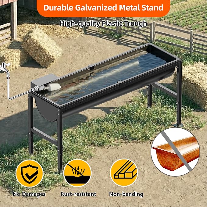 Automatic Animal Waterer 11 Gallon, Livestock Water Trough with Adjustable Stand, Automatic Water Dispenser with Float Valve, Easy to Assemble, Feeding Goat, Sheep, Horse, Dog in Farm
