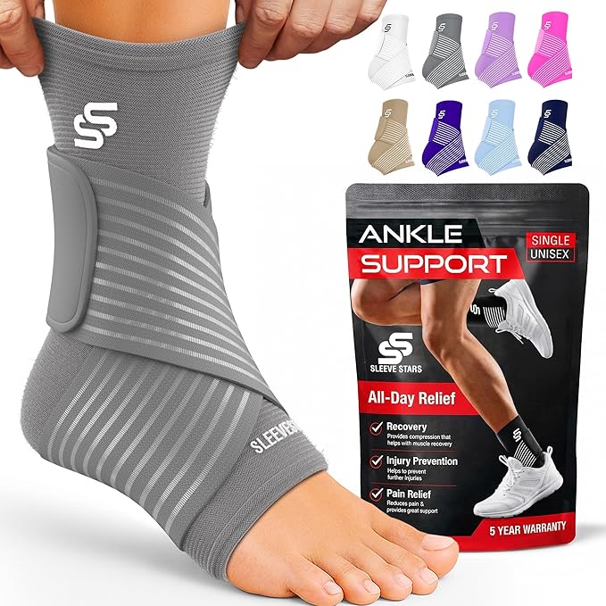 Sleeve Stars Ankle Brace for Women & Men, Ankle Wrap for Sprained Ankle, Compression Sleeve for Plantar Fasciitis Relief, Easy Customizable Support: w/Removable Strap (Single/S:9"-10"/Gray)