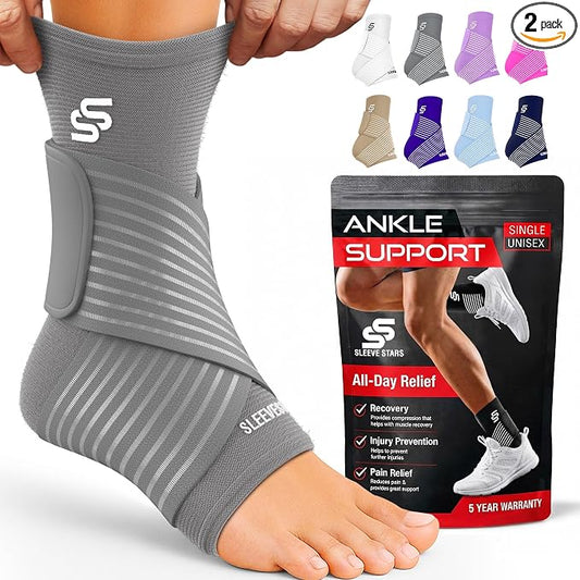 Sleeve Stars Ankle Brace for Women & Men, Ankle Wrap for Sprain, Compression Sleeve for Plantar Fasciitis Relief, Easy Customizable Support: w/ Removable Strap (Pair/M:10"-12"/Grey)