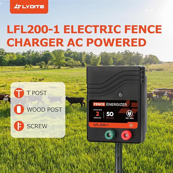 Electric Fence Charger AC Powered 50 Miles 165 Acres, 110 Volt 2 Joule Plug-in Electric Fence Energizer, Output Voltage Max 10 kV for Livestock, Preventing Predators from Intruding
