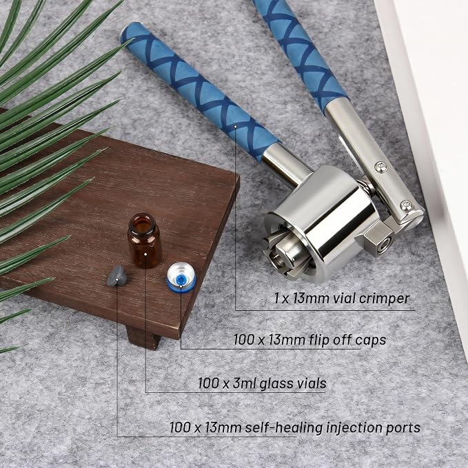13mm Vial Crimper and 100 Pcs 3ml Amber Flip Top Glass Vials Set, Lab Bottle Sealing Tool, Vial Crimping Tool and 10ml Glass Vials