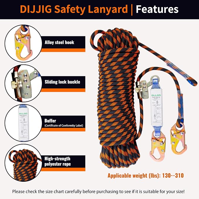 DIJJIG Rope Harness Safety Lanyard 50ft Vertical Roofing Rope With Grab Snap Hooks Shock Absorber Fall Protection Tree Climbing Line Kit Heavy Duty Roof Safety Equipment ANSI CE