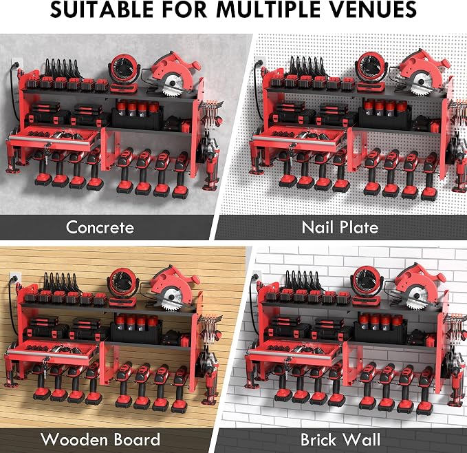 KSVO Power Tool Organizer Wall Mount with Drill Rack, Grinder Holder, Hammer & Pliers Rack, Locking Drawers, 6-Outlet Charging Shelf – Heavy Duty Metal Tool Storage for Garage, Workshop (Red)