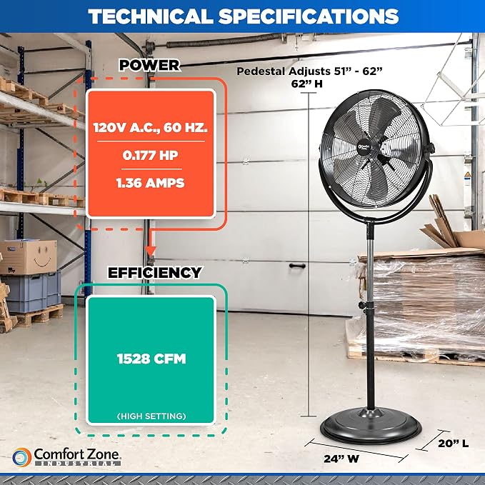 Comfort Zone 20-Inch High-Velocity Industrial Pedestal Fan – Heavy-Duty All-Metal Shop Fan with Aluminum Blades, 3-Speed Slim Profile Stand Fan, 180° Tilt & Adjustable Height for Garage or Warehouse