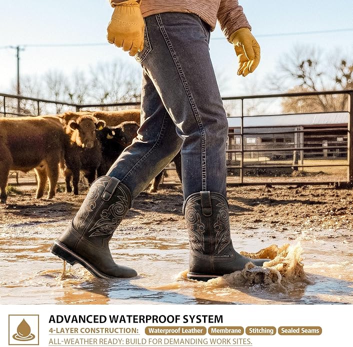 Steel Toe Work Boots for Men Cowboy Boots Square Toe Waterproof Leather Rancher Western Safety Shoes Brown
