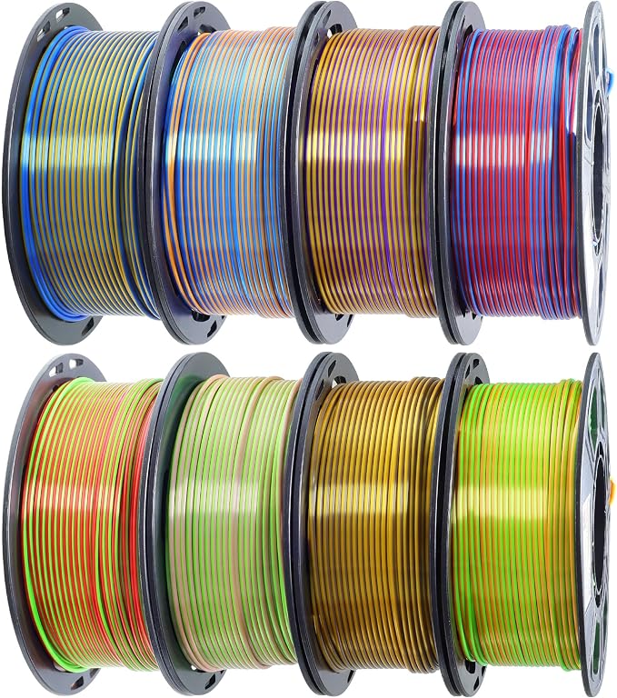 MIKA3D 3D Printing Dual Color in 1 Silk PLA Filament 8 Spools Bundle, 1.75mm Dual Color Shiny Coextrusion PLA Filament, 8 Most Popular Dual Color in 1 PLA Mixed, 0.25kg/Spool, Total 2kg