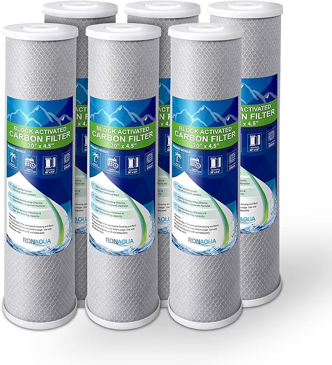 High Capacity Coconut Shell Carbon Block Water Filter 5 Micron Cartridge 4.5" x 20" for Universal Whole House System WELL-MATCHED with CB-45-2005, FC25B, FLTWH2045C02 and PRL-RCL (6 Pack)