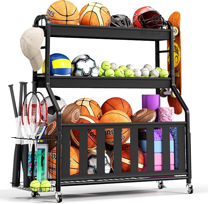 Sports Equipment Organizer, Large Capacity Garage Ball Storage Rack with Wheels, Heavy-Duty Rolling Ball Cart for Basketball, Soccer & Sports Gear