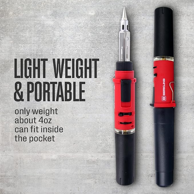 Berkling BSG-568 Butane Soldering Iron Kit - Self-Ignite, Instant Start, Portable Cordless Welding Micro Solder Torch Heat Gun Includes 5 Tips, 15g 60/40 Rosin Core Solder Wire, Mini Wrench, Sponge