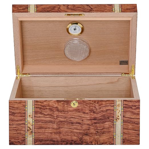 Desktop Cigar Handcrafted Bubinga Wood Mapa Burl Decorative Wood Inlay Glass Hygrometer Lock & Key Spanish Cedar Lined, Holds 75-140 Cigars (Zurich)