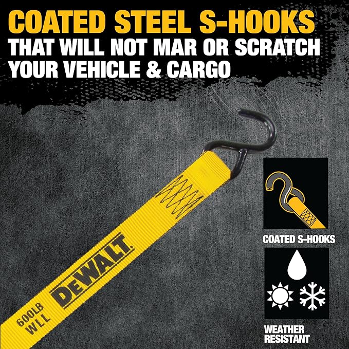 DEWALT DXBC18002-8PK Black/Yellow 1.25" x 12' Ratchet Tie Down Straps - Light-Weight Cargo Hauling (1800 lb Break Strength), 8 Pack