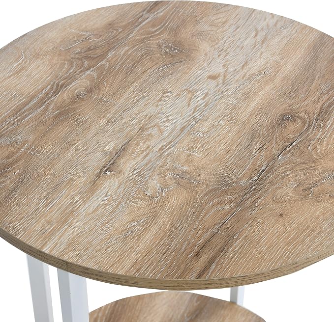 Household Essentials Jamestown Round Side End Table with Storage Shelf Coastal Oak Rustic Wood Grain and White Metal